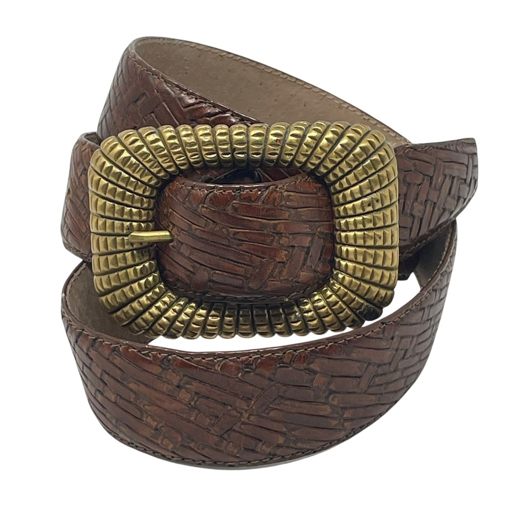 Carlisle Woven Brown Leather Belt Women's Medium Karen Callan Brass Buckle